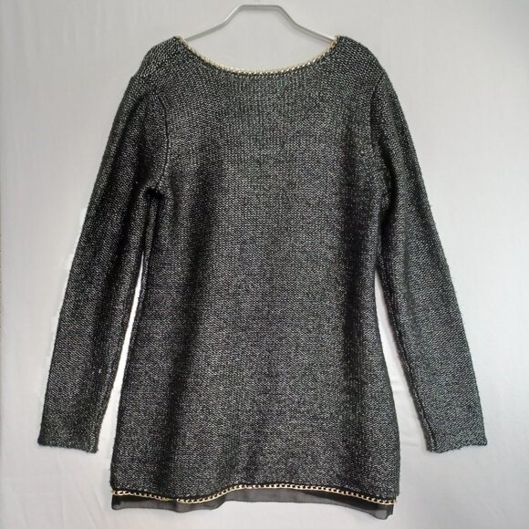 Soft Surroundings Sweater Black Metallic Gold Tone Chain Chiffon Hem Womens Med - Picture 3 of 9